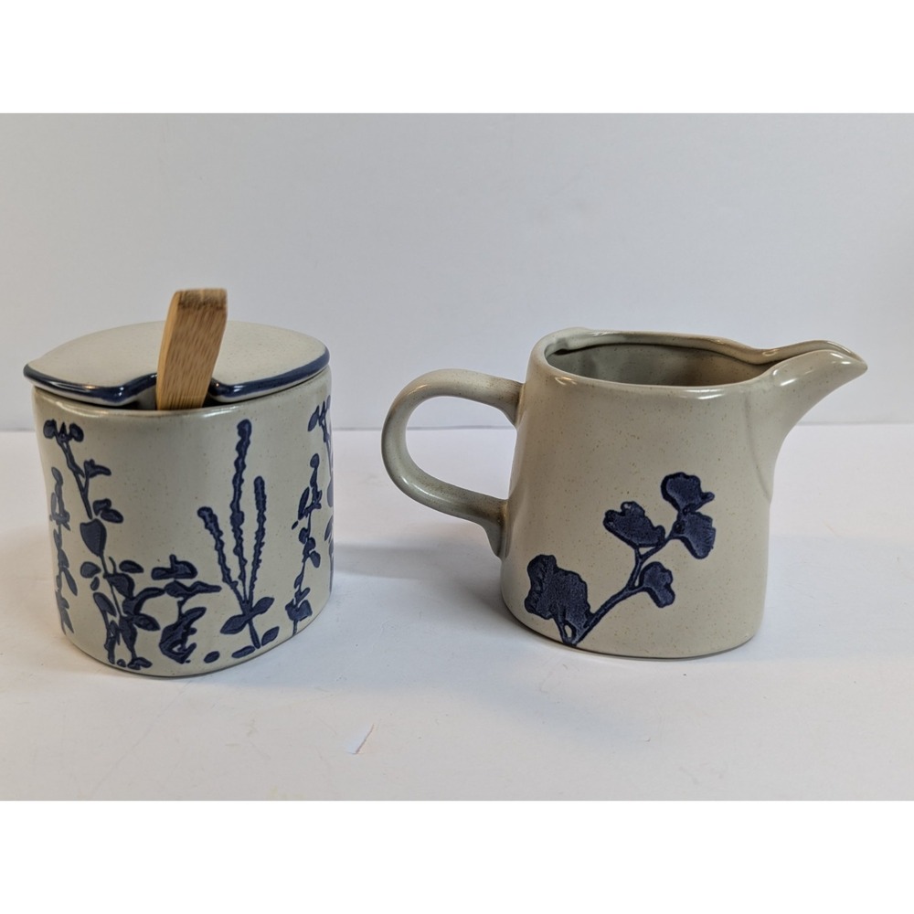 Salt Glaze Style Stoneware Handmade‎ Cream & Sugar Blue Floral Birkerod Denmark